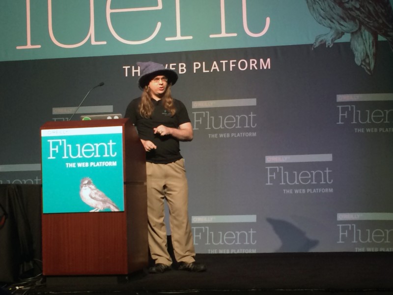 Kris Kowal speaking at Fluent. Everybody loves the wizard hat.